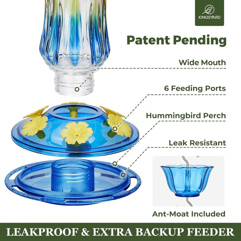 Kingsyard Hummingbird Feeder for Outdoors Hanging, 25 Ounces, Glass Humming Bird Nectar Feeder with Ant Moat & 6 Feeding Ports, Leak Proof, Blue - Image 4